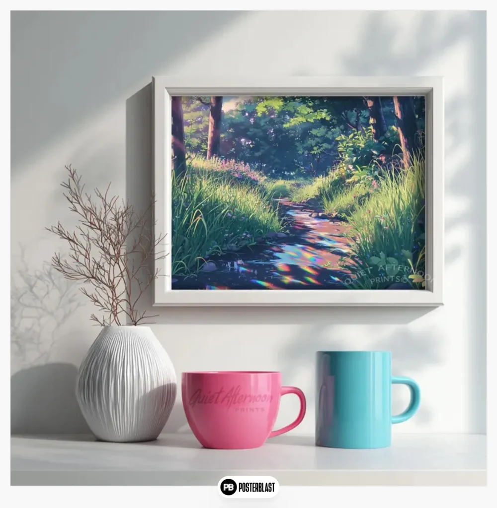 Anime-inspired forest stream illustration,