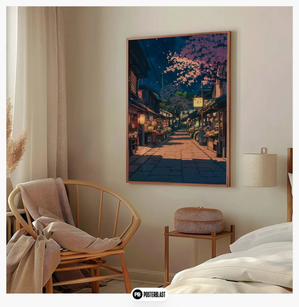 Japanese street at night - cozy anime urban art print