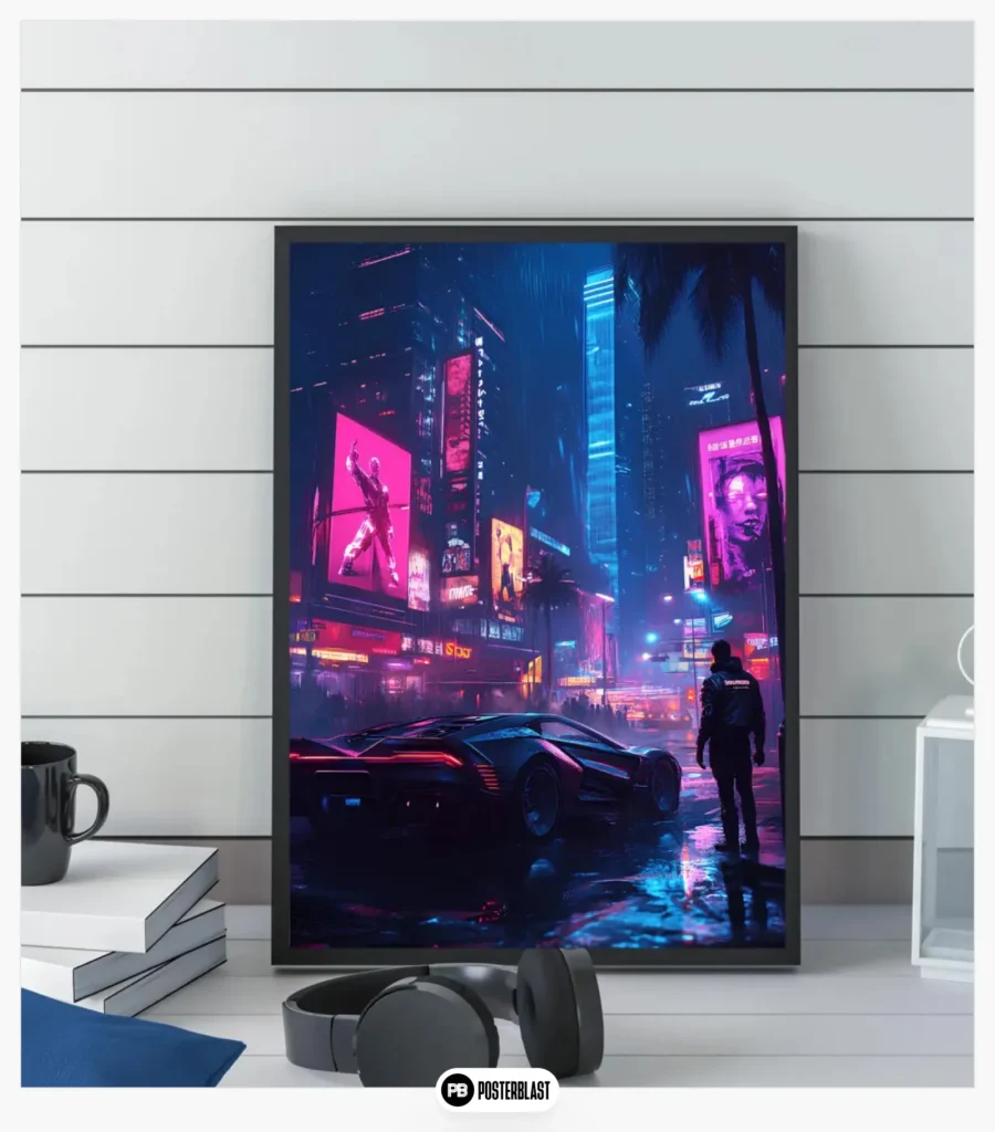 Cyberpunk City Poster Neon Night Scene Futuristic