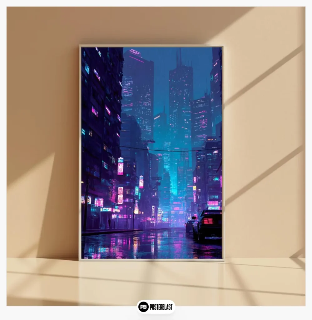 Cyberpunk Neon Street Futuristic Rainy City Poster