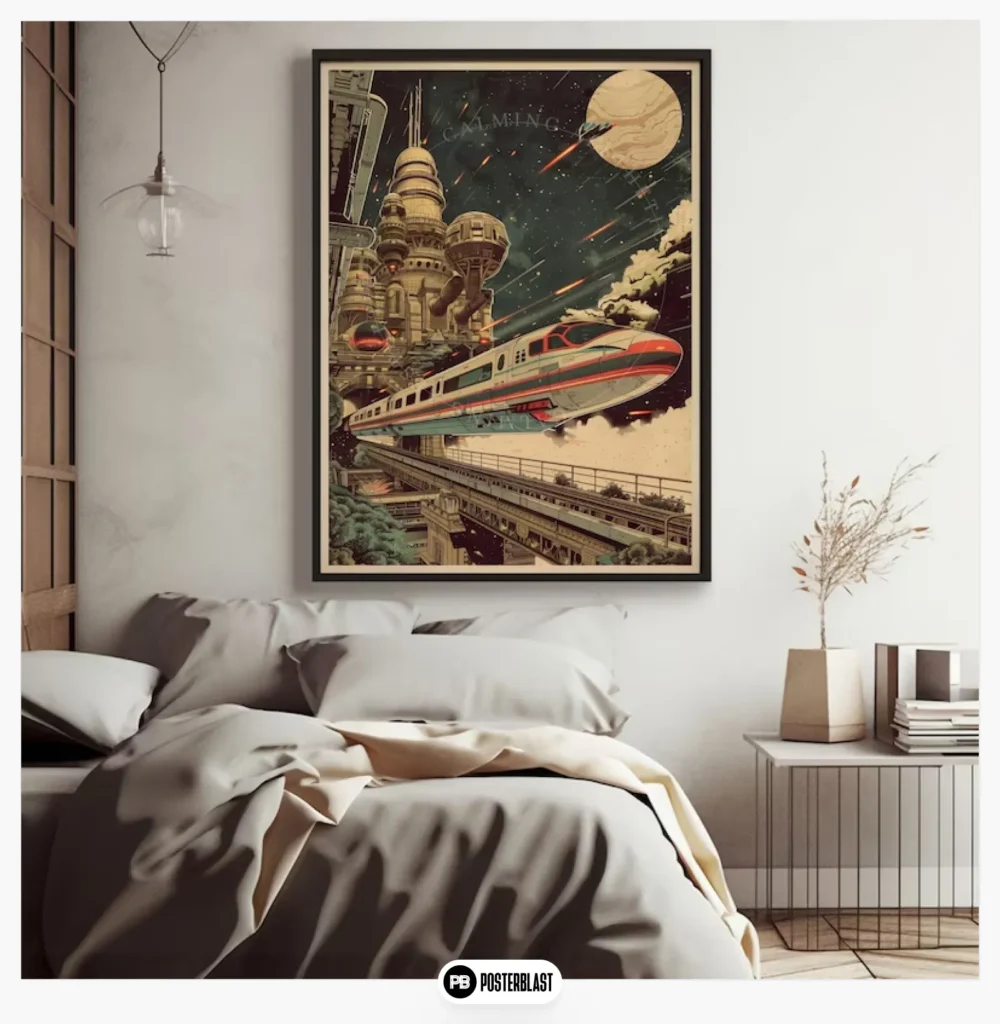 Poster Retro Futuristic Speed ​​Train Travel Sci-Fi City Wall Art Print