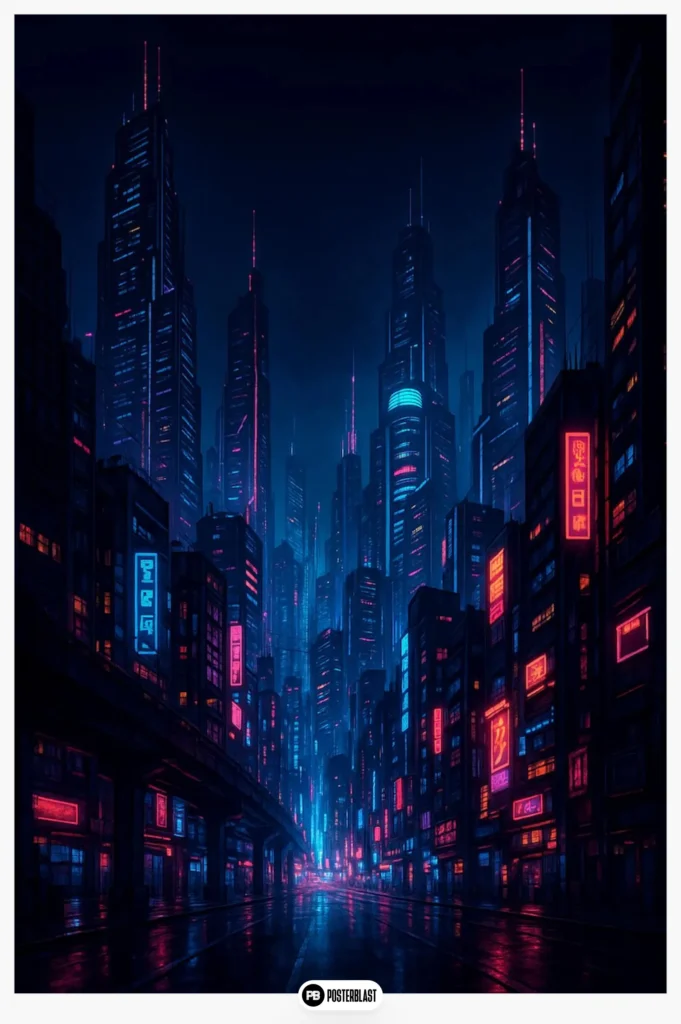 Cyberpunk cityscape futuristic neon digital art print sci-fi night skyline wallpaper