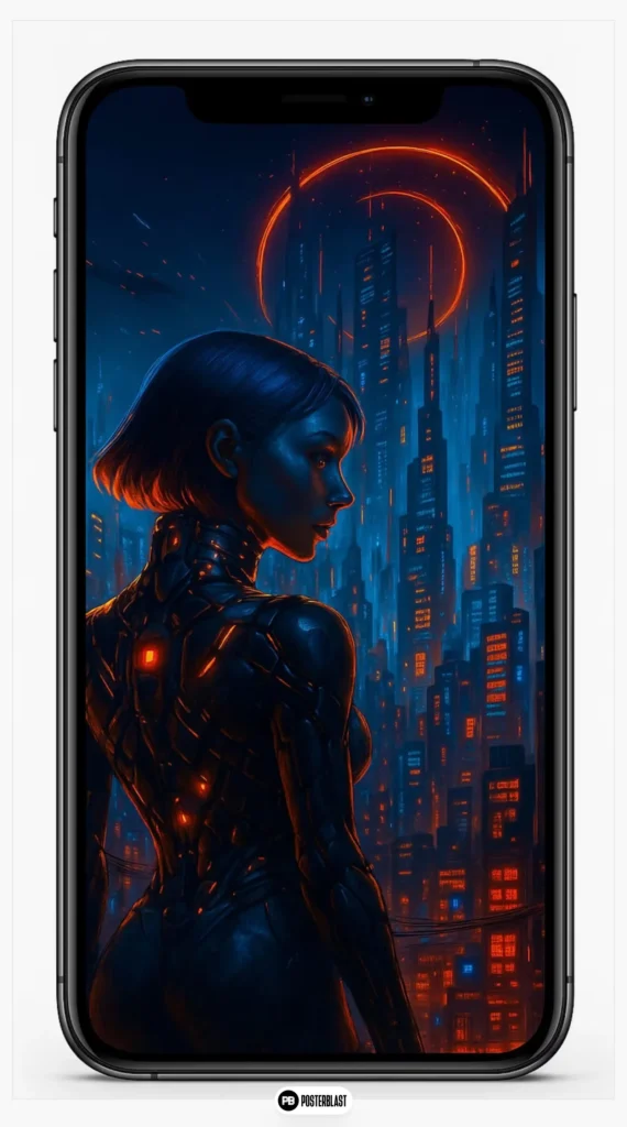 Futuristic Cyborg Woman Overlooking Sci-Fi City