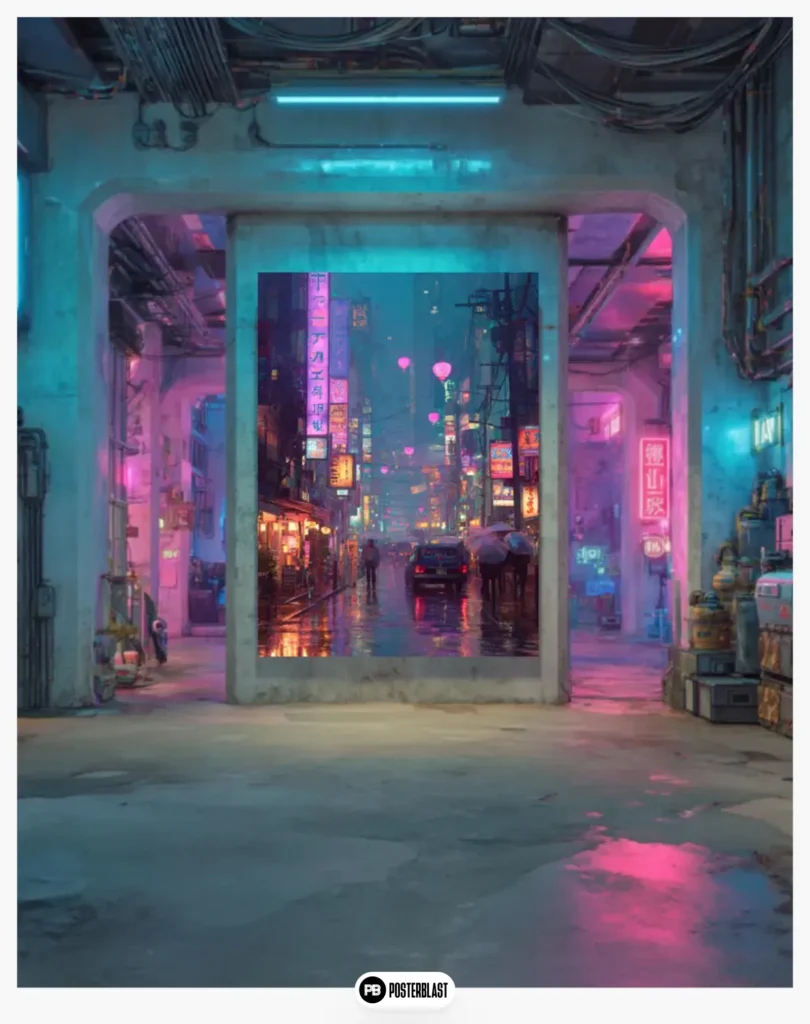 Neon Cyberpunk City Street Rain Scene Poster