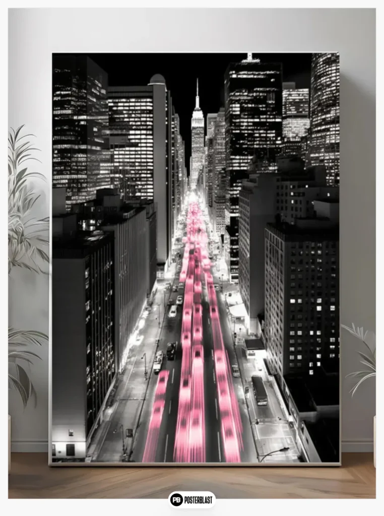 New York Wall Art - Black and White Cityscape with Neon Lights