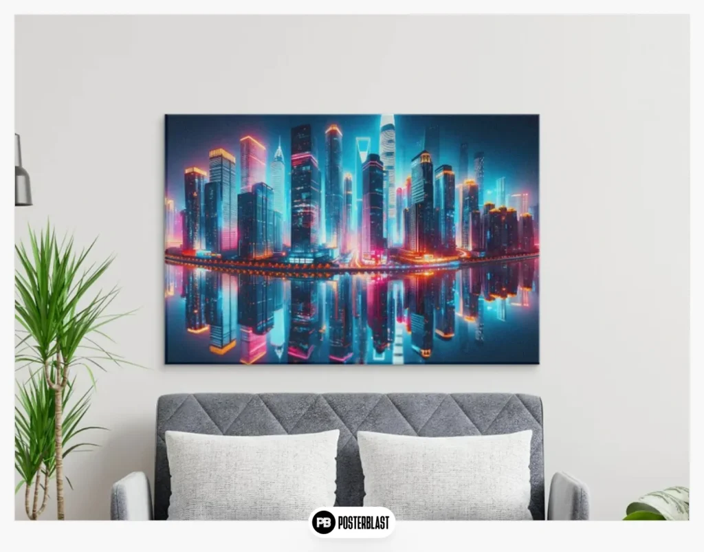 Neon Skyline: Big city flair in bright colors poster wall decor futuristic design mural poster for download