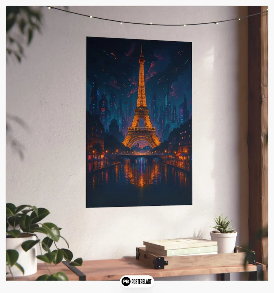 Neon Paris Eiffel Tower Print: Futuristic City of Lights Wall Art