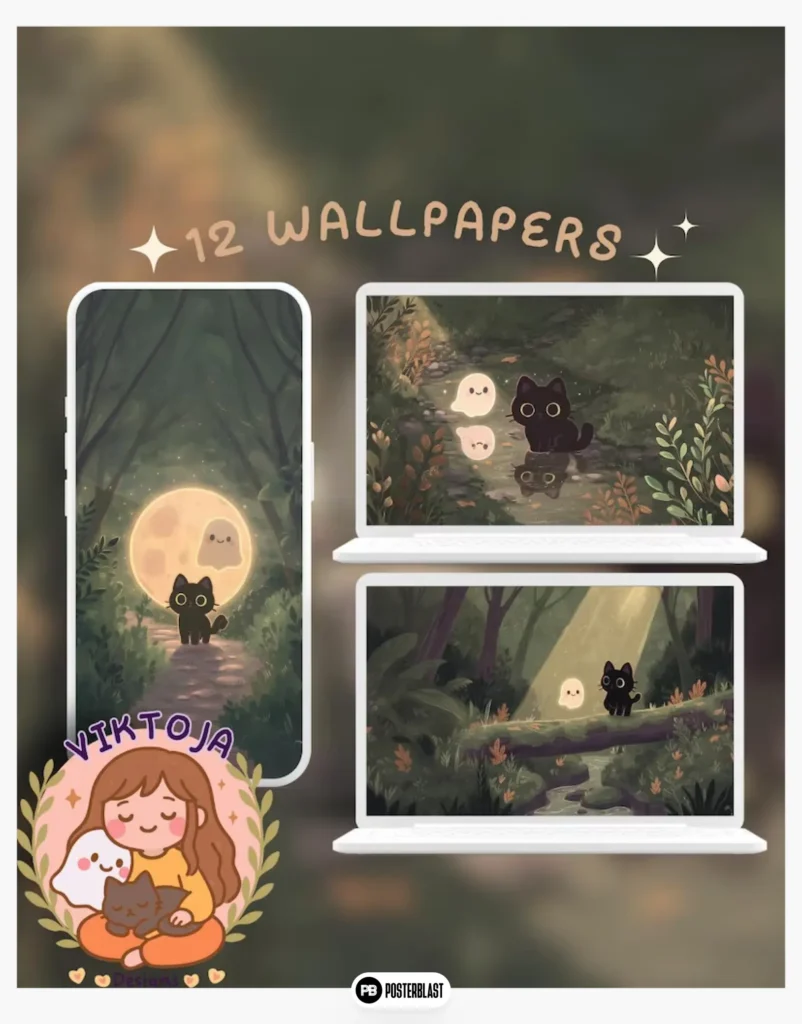 Forest Inky & Ghosty Wallpaper: Cozy Autumn Desktop Background