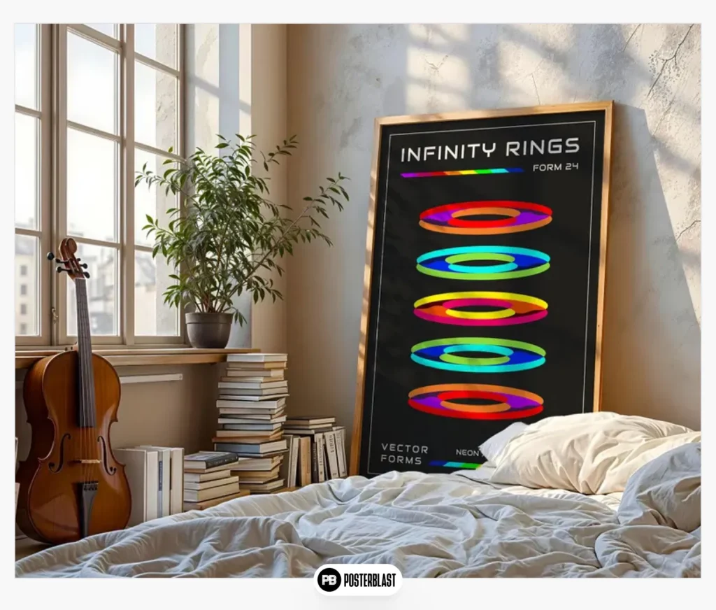 Neon rings as an abstract poster: retro-futuristic geometric design