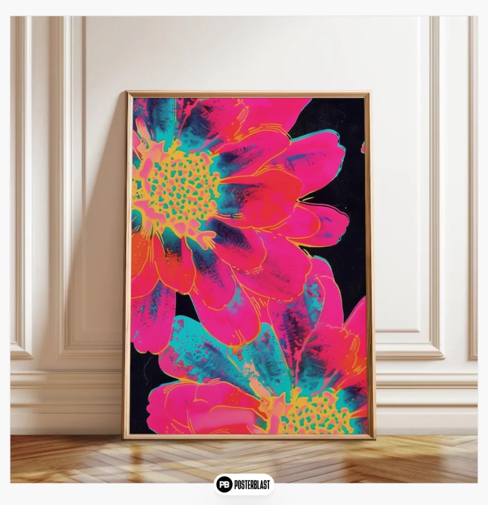 Neon Flower Wall Art: Modern Abstract Floral Poster