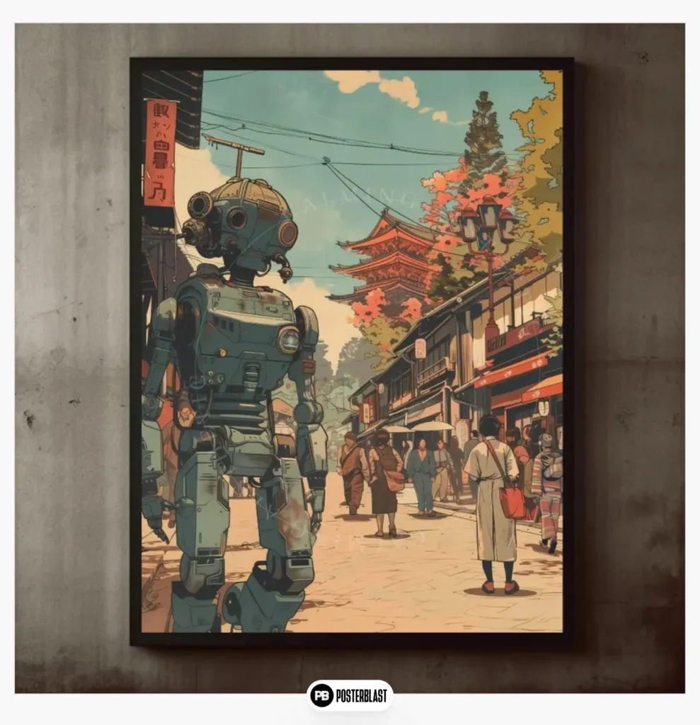 Poster Retro Futuristic Ukiyo-e Scifi Old Town Robot Wall Art Print
