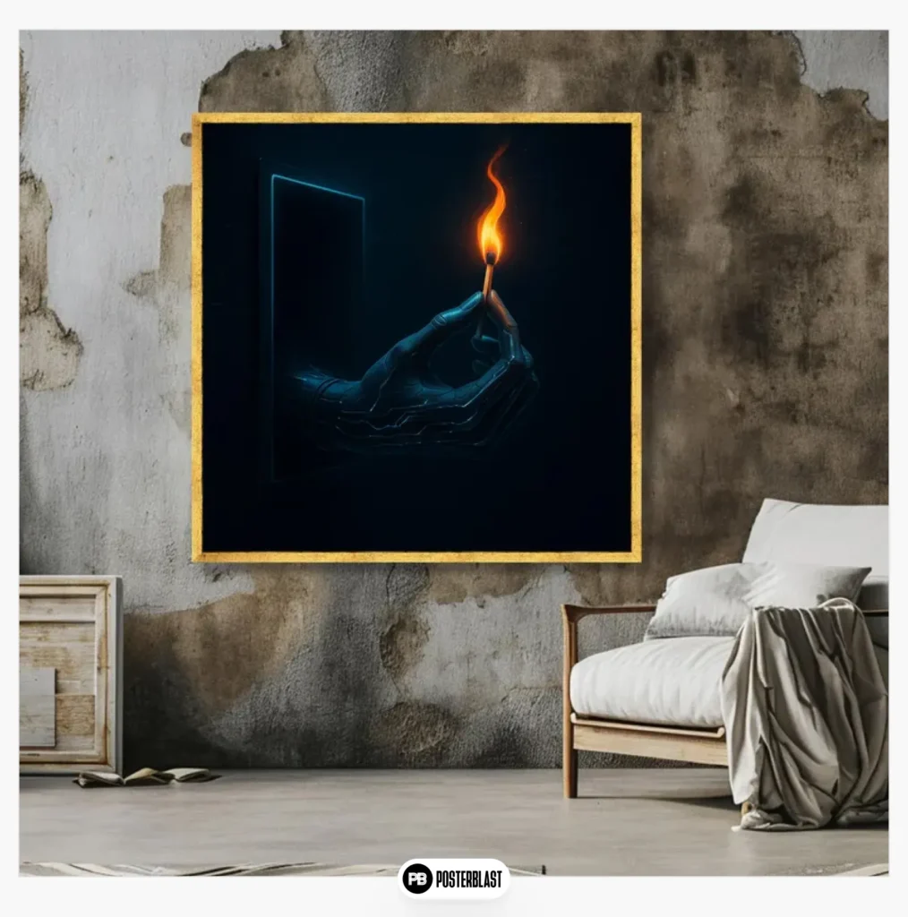 Futuristic robot hand holding burning match