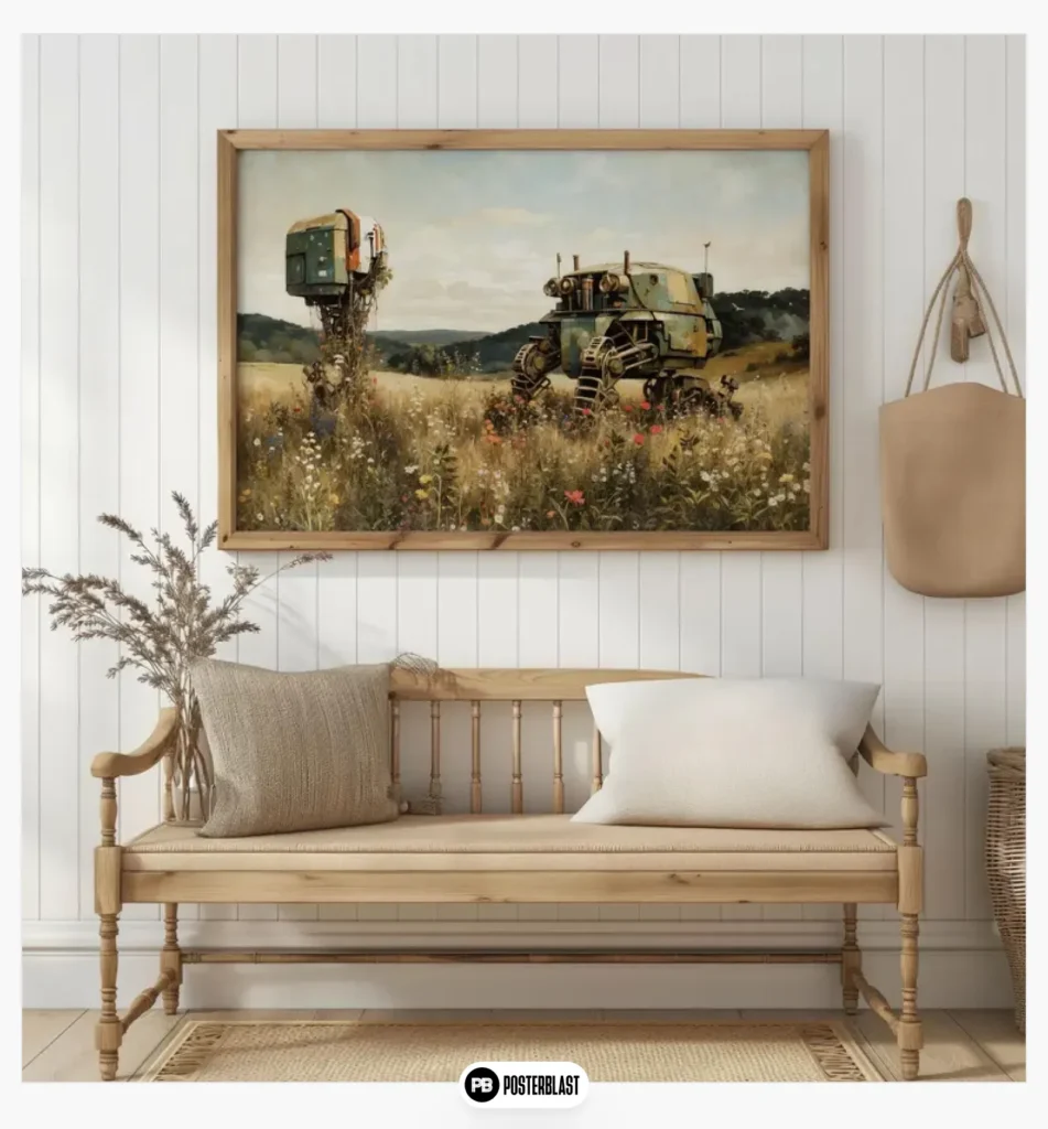 Futuristic chunky robot in landscape oil painting