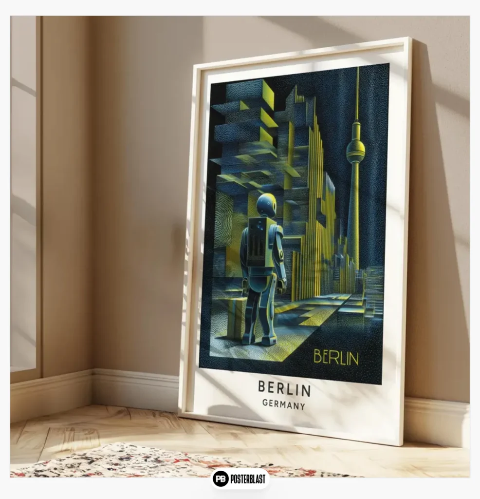 Futuristic robot travel poster with noir vibes