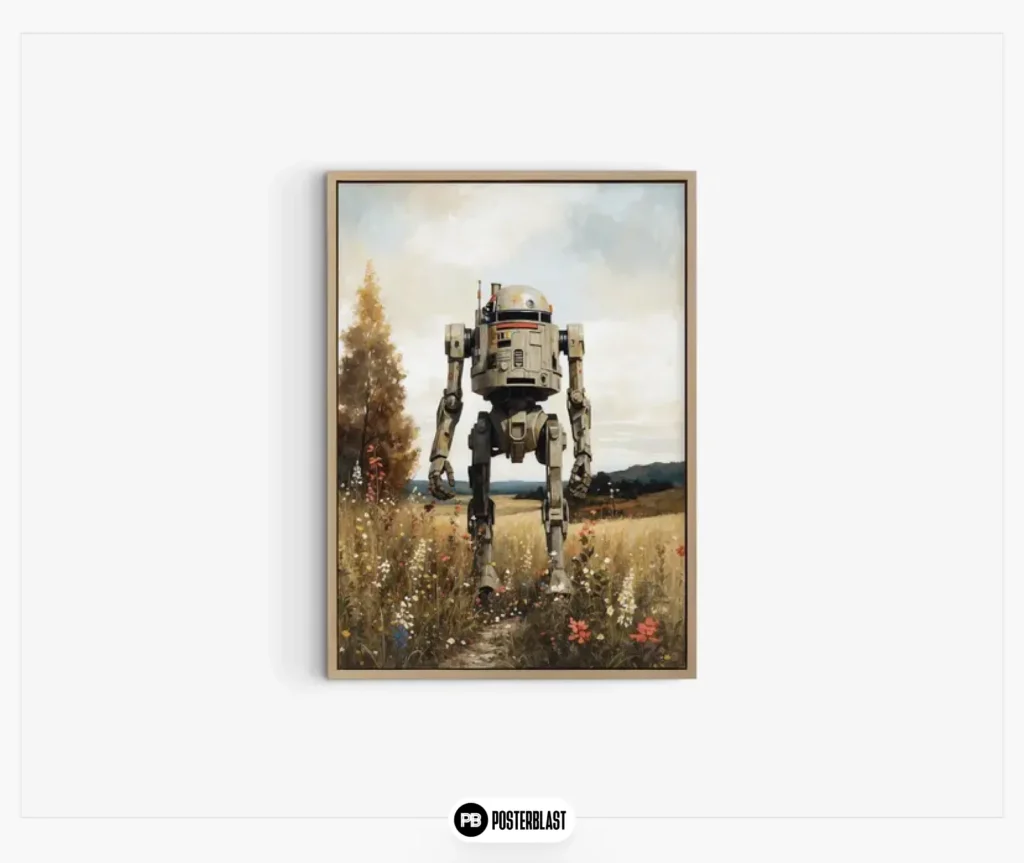 Futuristic chunky robot in landscape oil painting