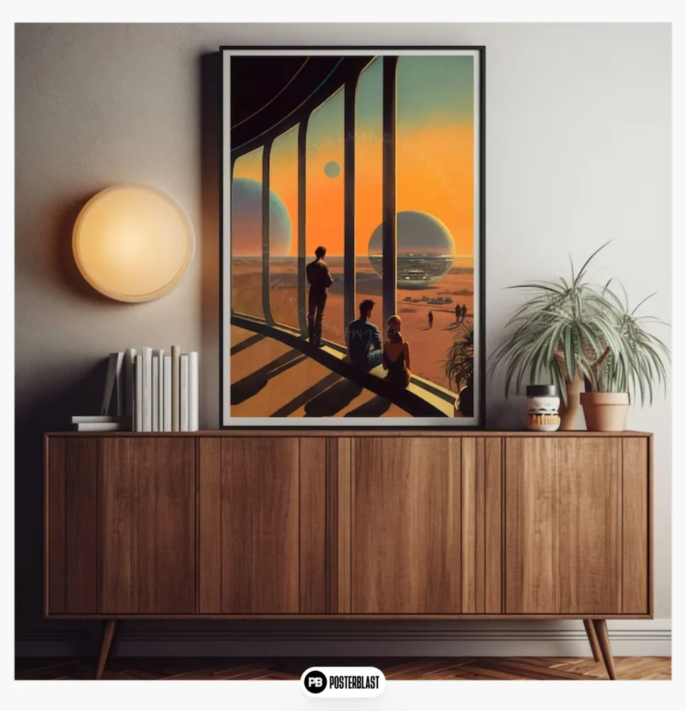 Poster Retro Futuristic Sci-Fi Sunset Space Station Wall Art Print