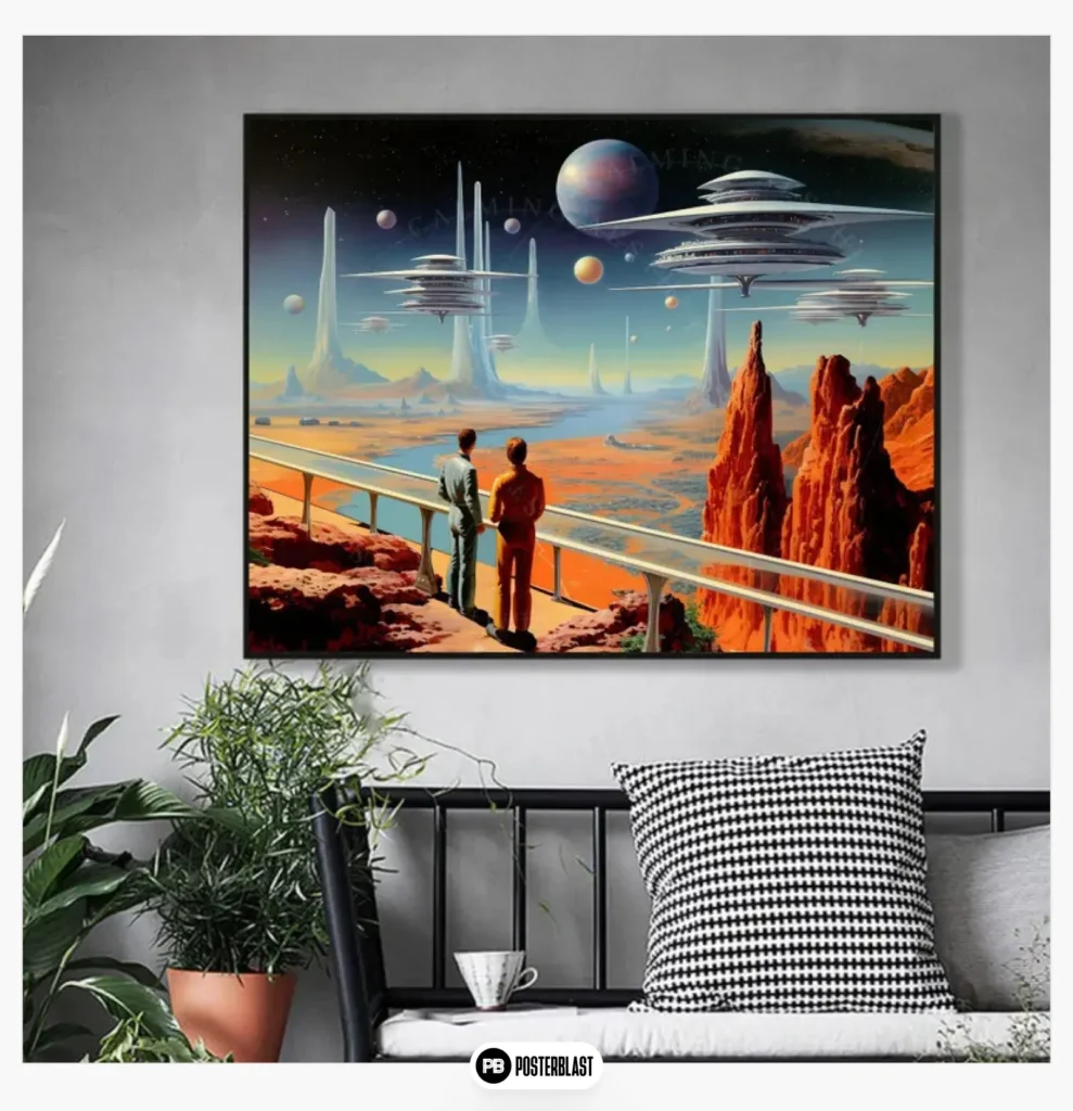 Wall Art Poster Retro Futuristic Space Men Sci-Fi Landscape Terrace