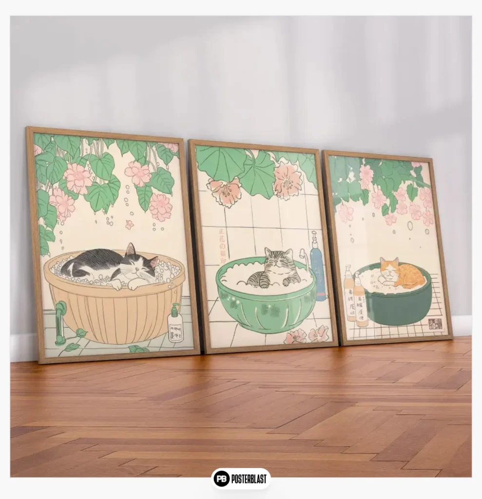 Cat Print Set: Japanese Japandi Art, Soft Colors