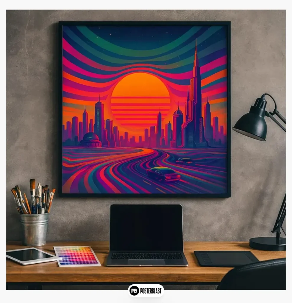 Retro futuristic cityscape wall art