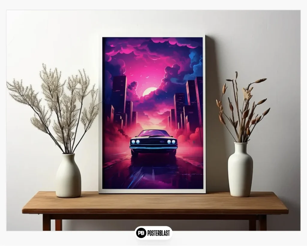 Synthwave Retro Car Print Retrowave Wall Art Neon Poster