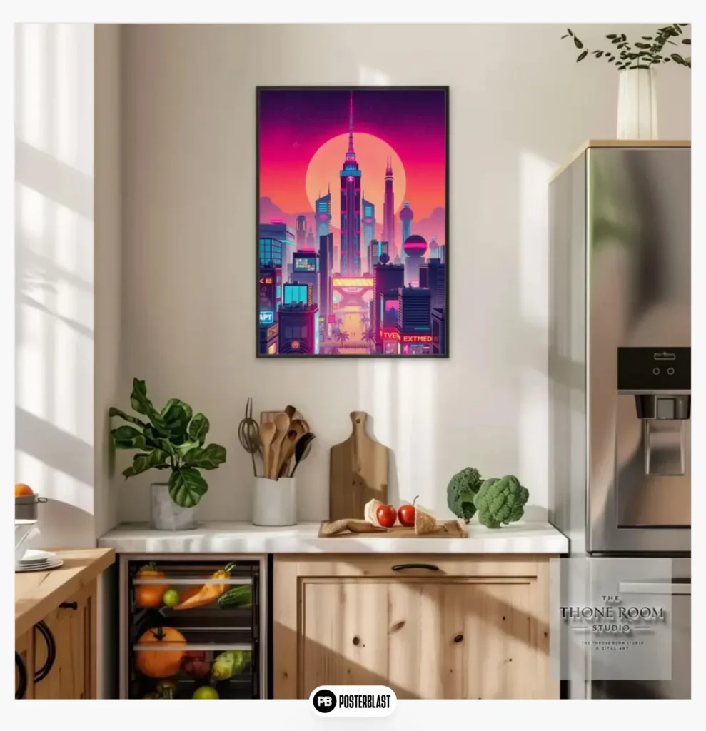 Neon Skyline Wall Art - Retro Futuristic City Poster