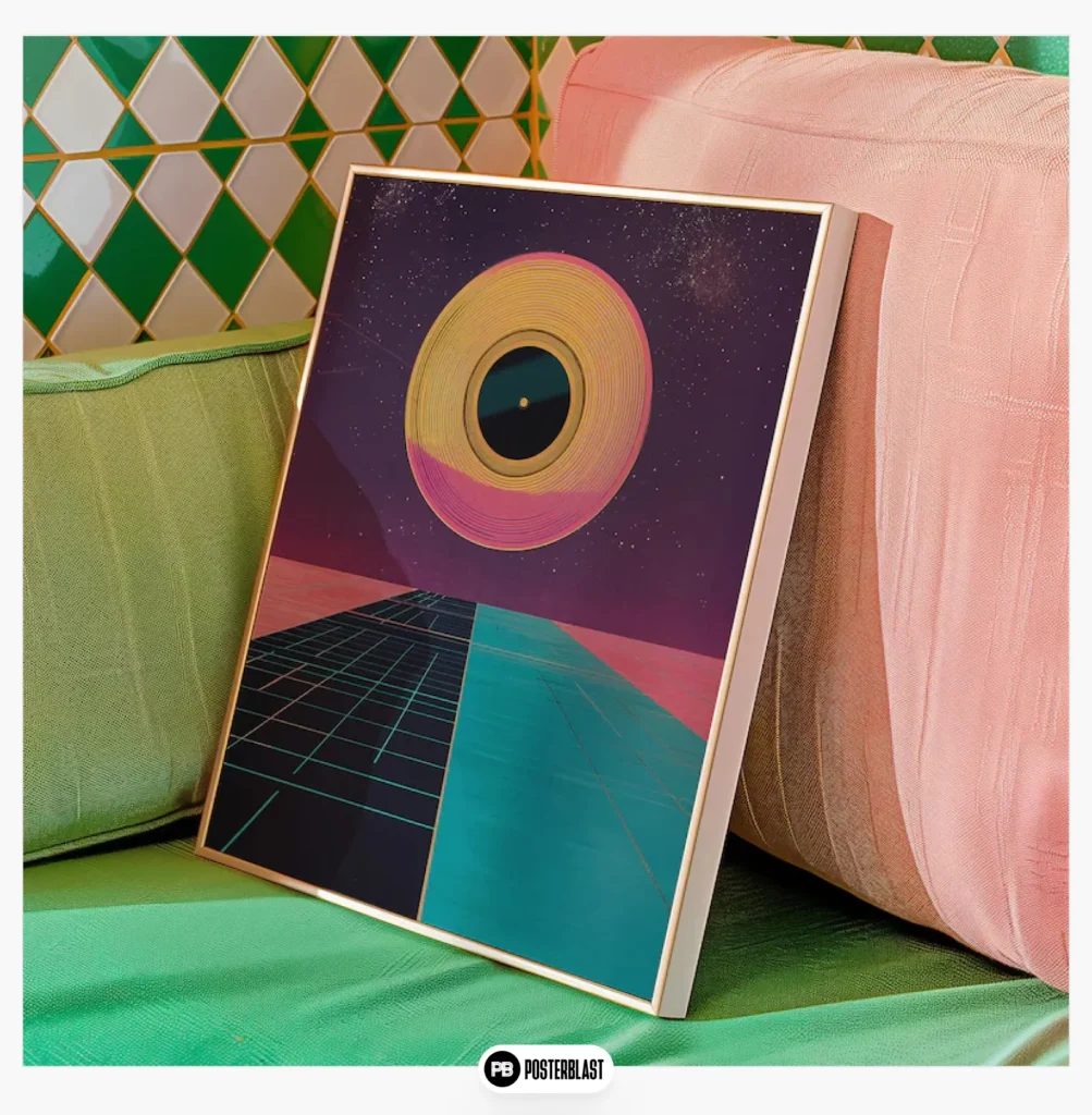 Retro-Futuristic Vinyl Record Print: Neon Grid Space Art