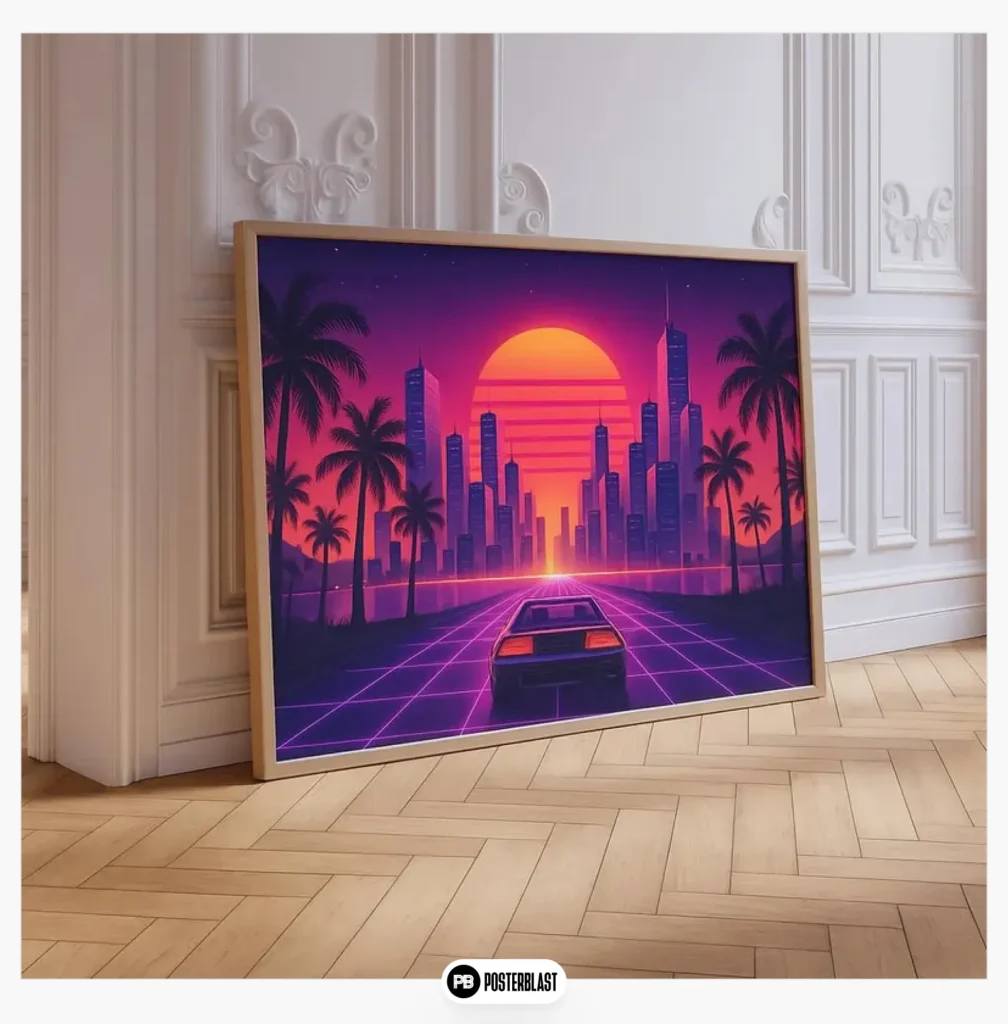 Retro Futuristic Cityscape Poster: 80s Steamwave Car in Neon Colors