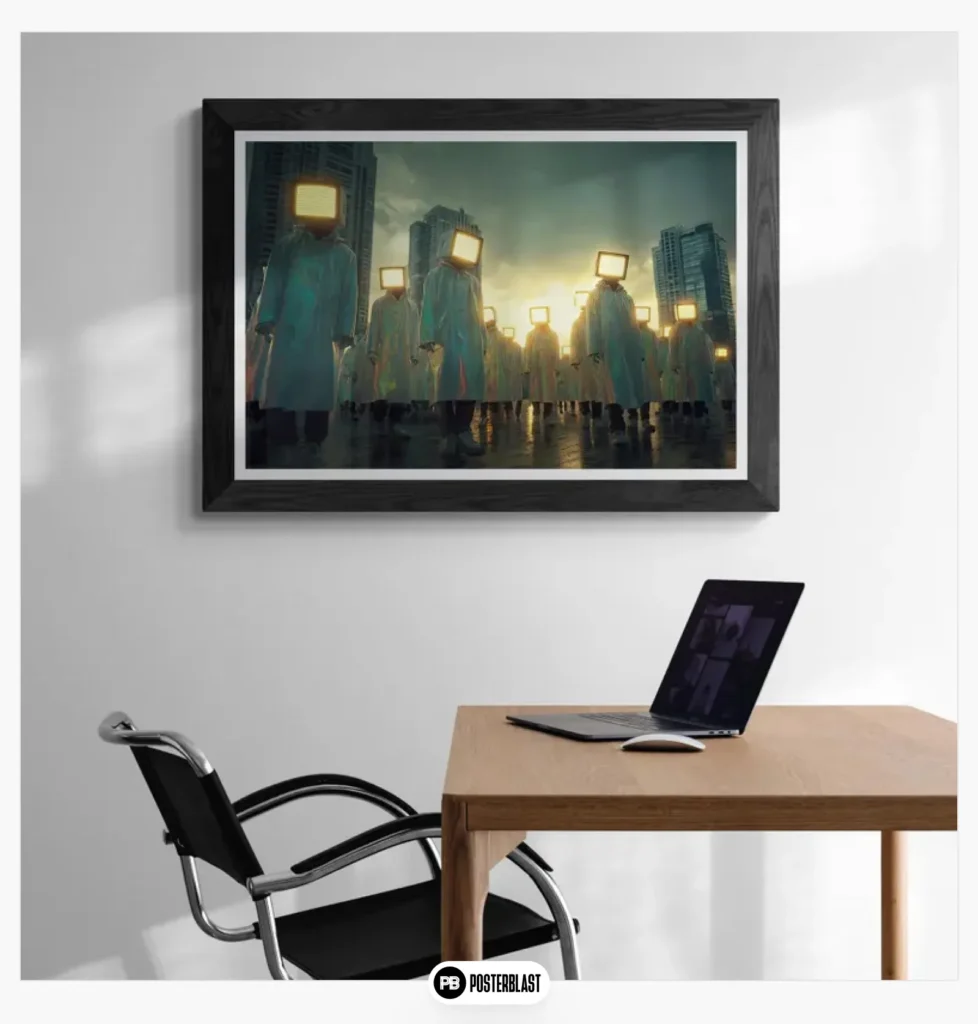 Static Head People Cyberpunk Cityscape Poster: Surreal Wall Art