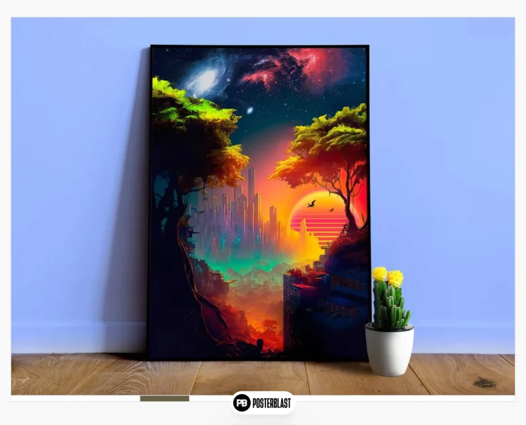 Synthwave cyberpunk city in the forest