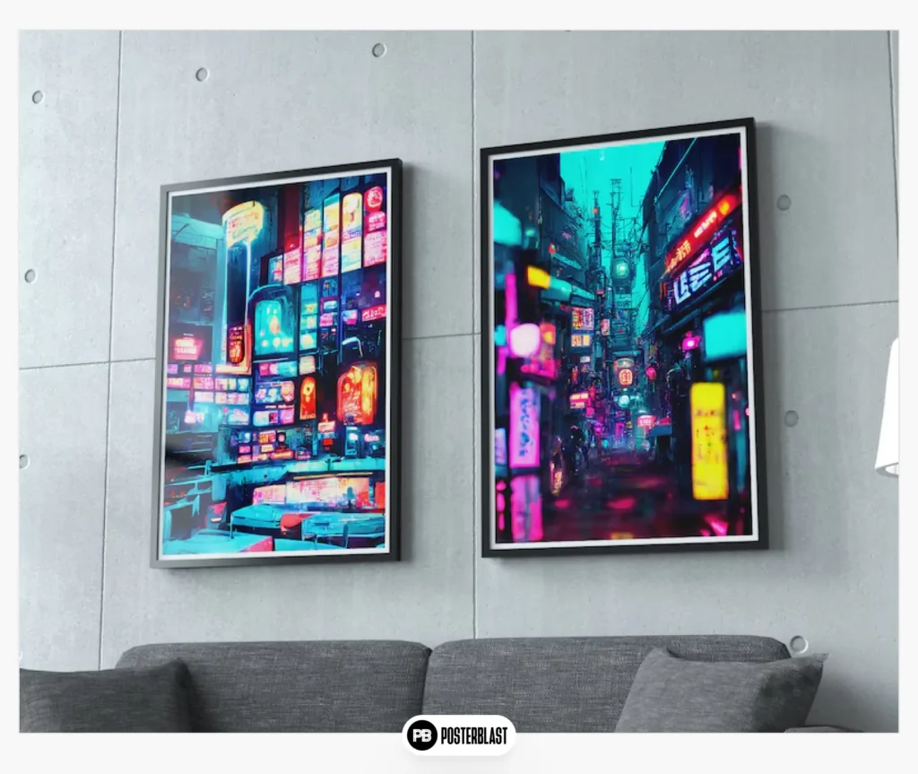 Surreal Futuristic Japanese Street with Cyan-Blue Neon Lights