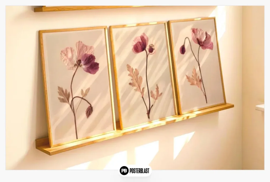 Pressed Flower Art Botanical Triptych: Vintage Pink Purple Poppy Print Set