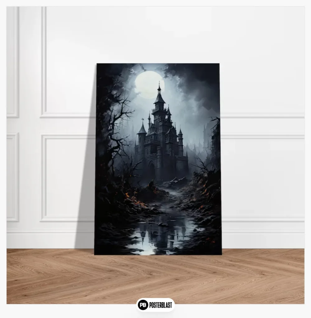 Gothic Castle Moonlit Night Poster: Dark Fantasy Halloween Decor