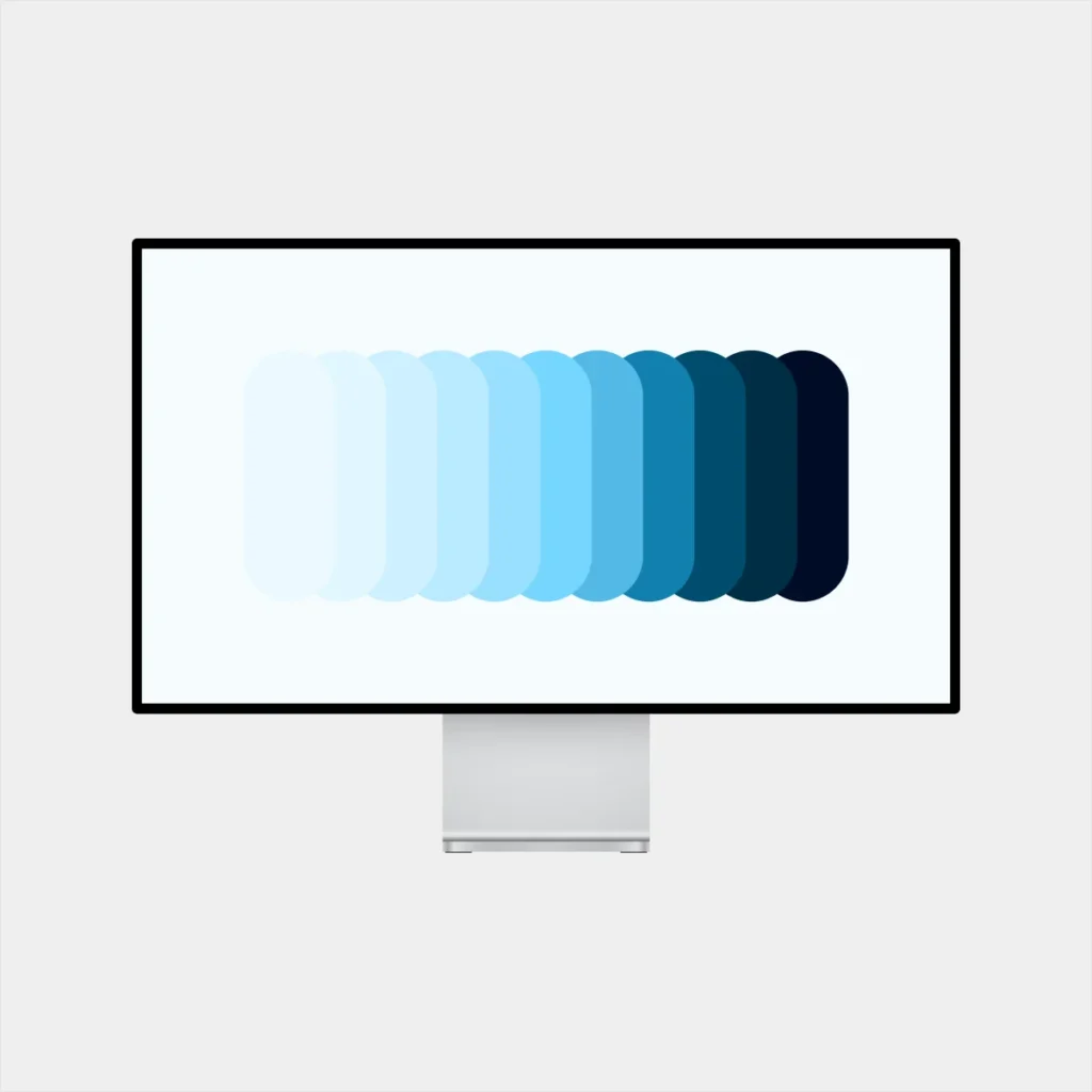 Desktop monitor mockup showing a minimal rounded‑rectangle stack fading from light cyan to deep navy on a white background.