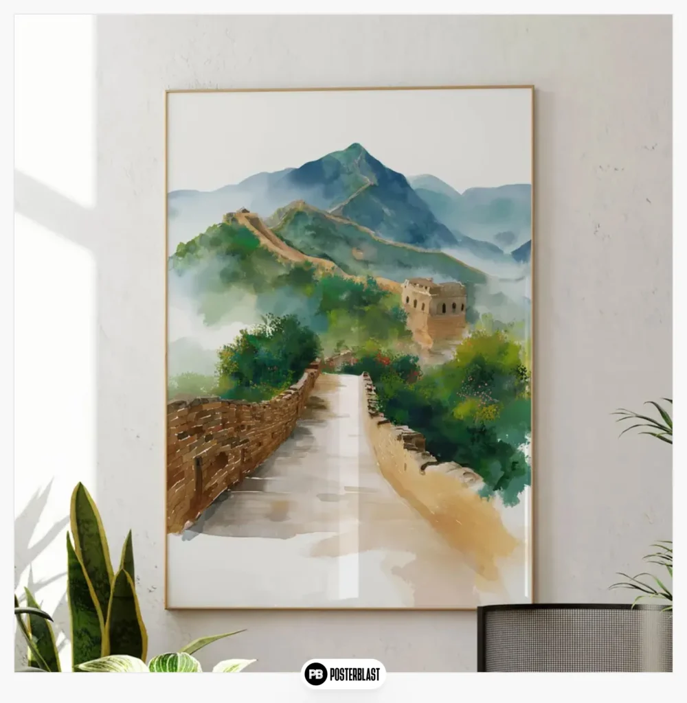 Poster Great Wall of China as a watercolor landscape