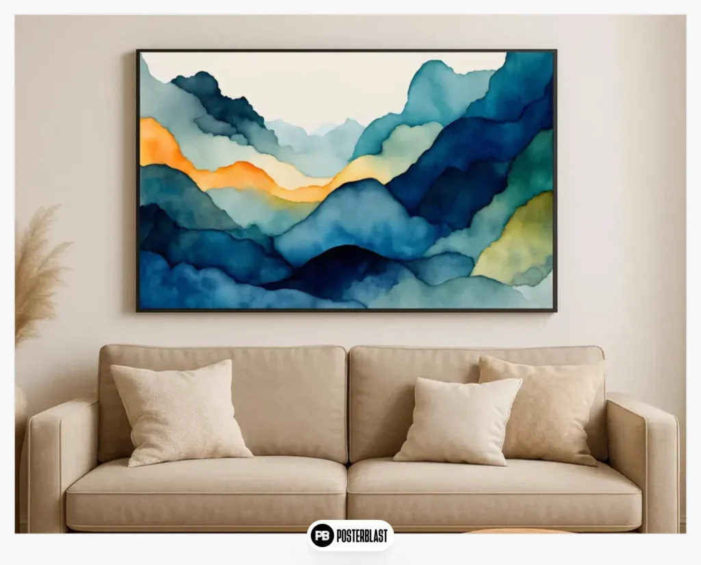 Japandi Watercolor Landscape Art Print: Boho Mountain Scene 