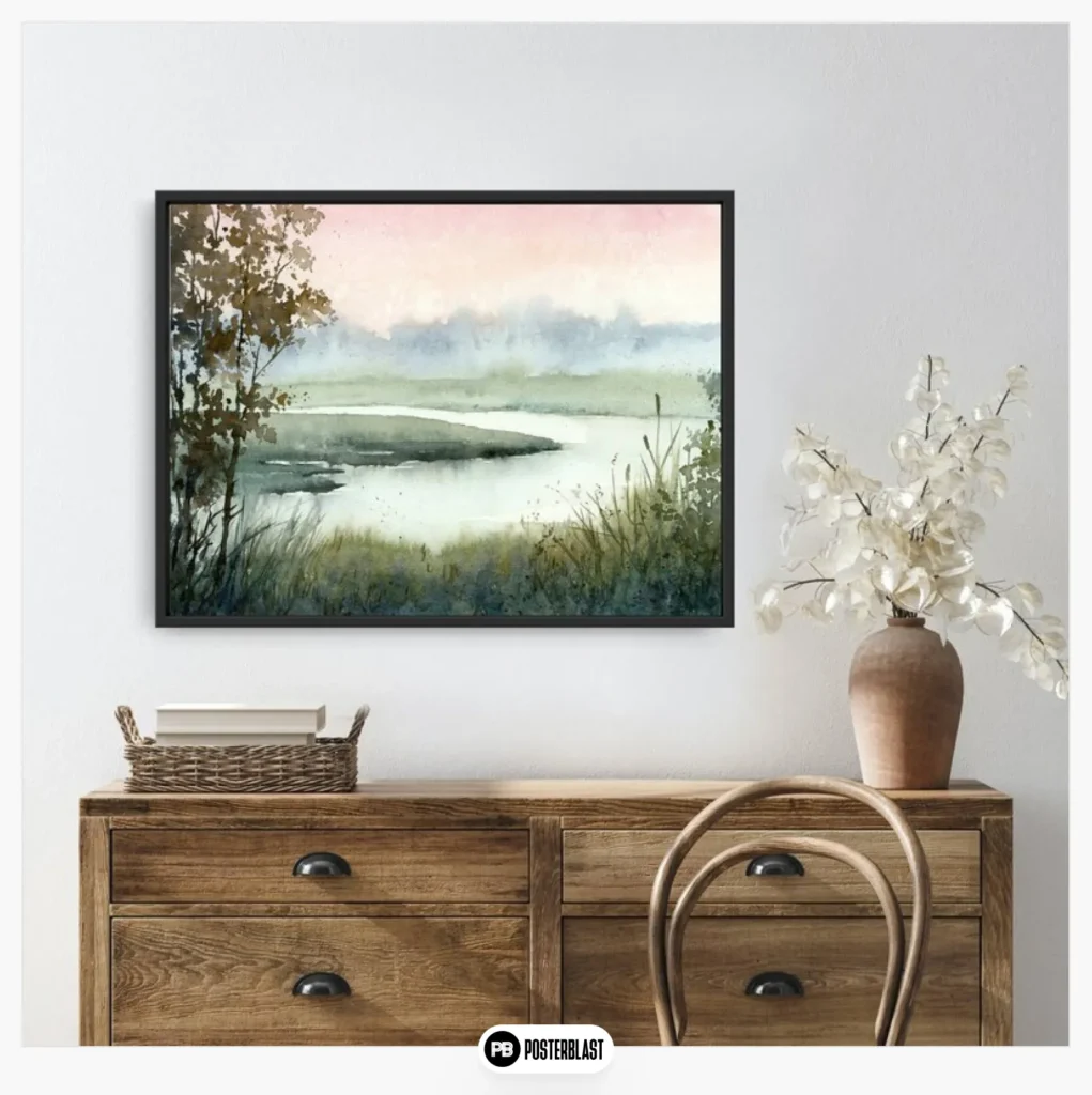 Sunset river art print panoramic landscape watercolor painting