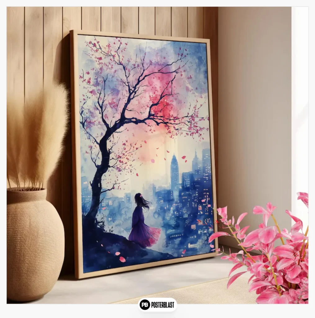 Girl Under Cherry Blossom Tree Watercolor Art Print Poster or Canvas