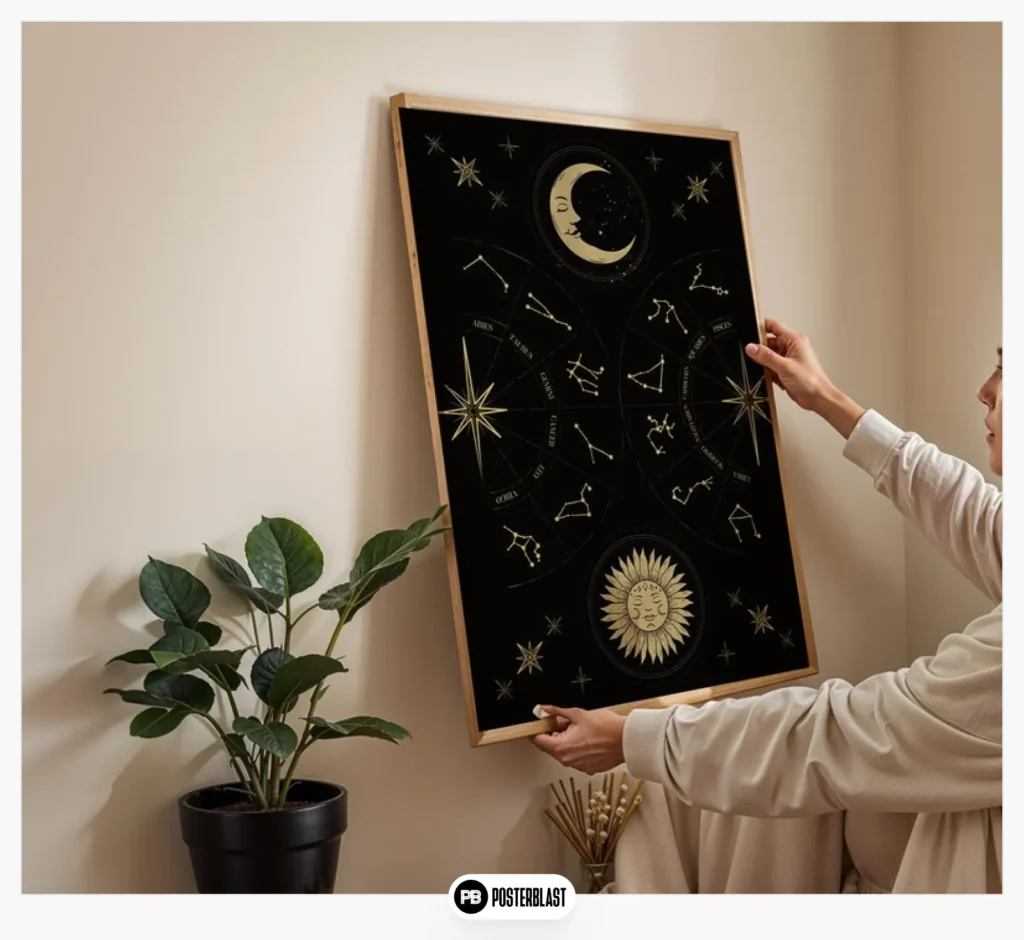Celestial astrology art print with zodiac wheel