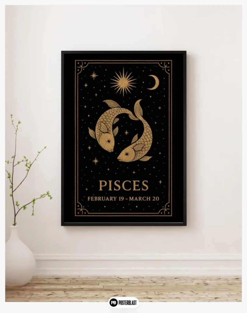 Pisces Zodiac Wall Art – Gold Celestial Fish Print