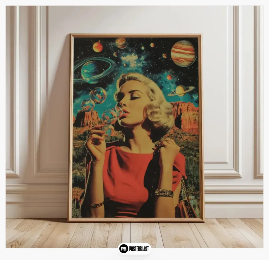 Retro space art poster, vintage surrealist collage print
