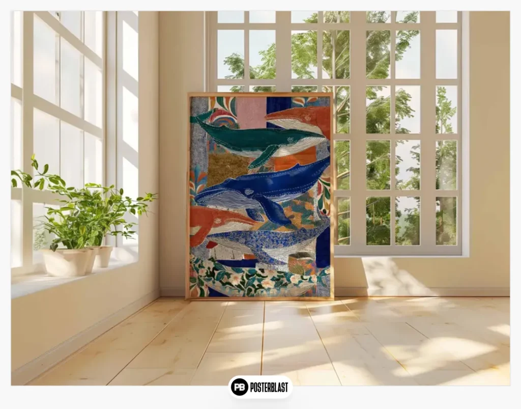 Whale art print, ocean collage poster