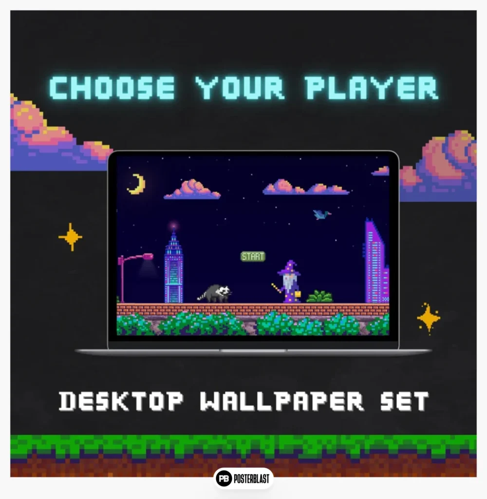 Retro pixel art wallpaper pack for desktop: cyberpunk video game 