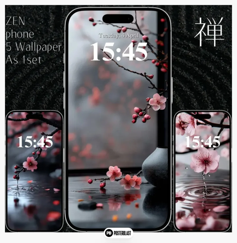 Zen Blossom phone wallpaper set: minimalist Japanese art