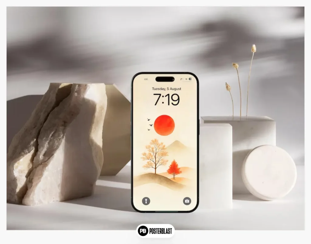 Minimalist watercolor wallpaper for phone, zen art: red sun